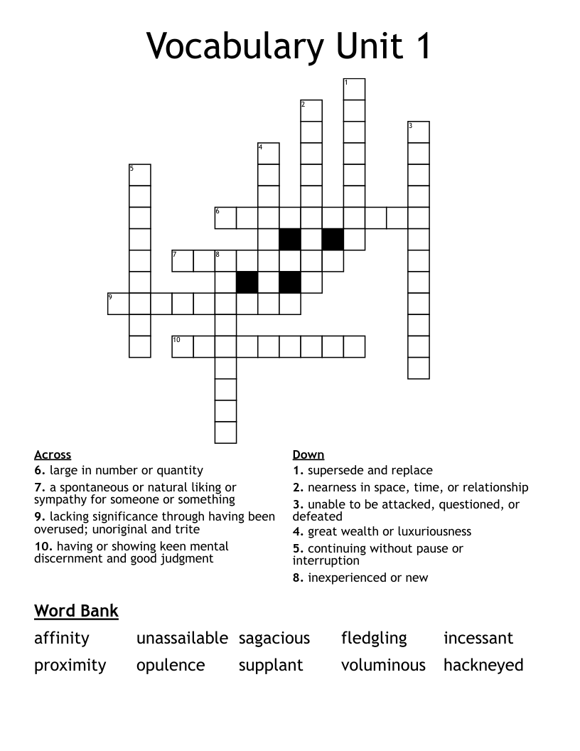 Vocabulary Unit 1 Crossword