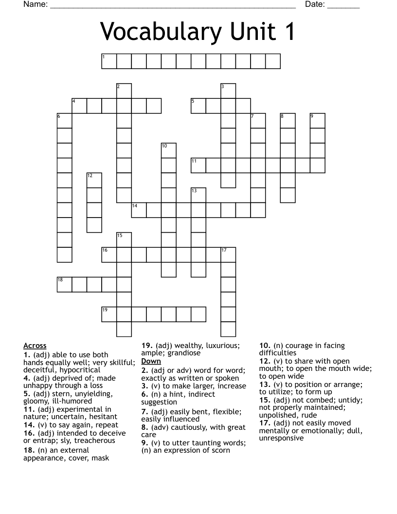 Vocabulary Unit 1 Crossword