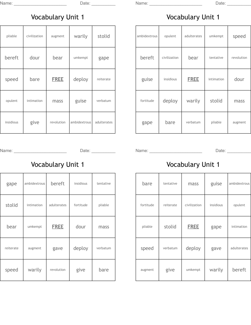 Vocabulary Unit 1 Bingo Cards