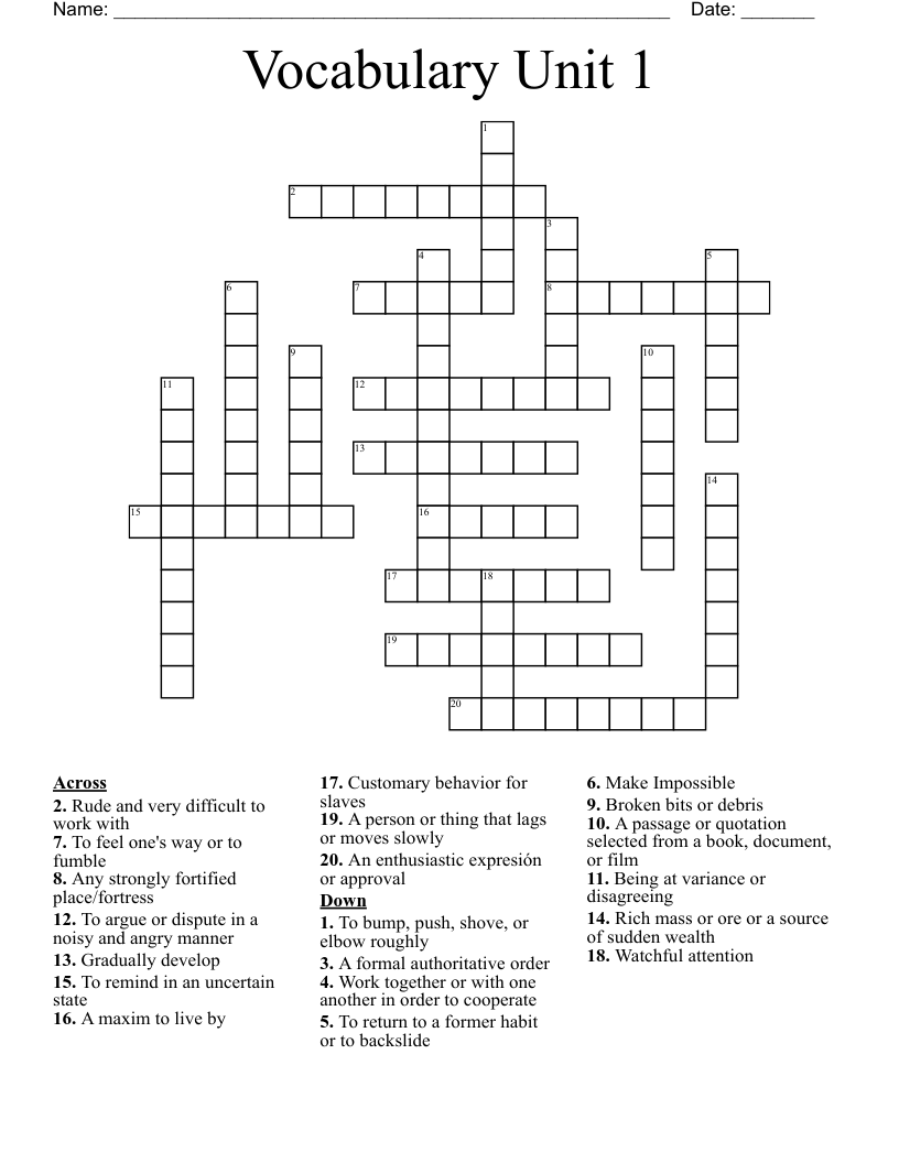 Vocabulary Unit 1 Crossword