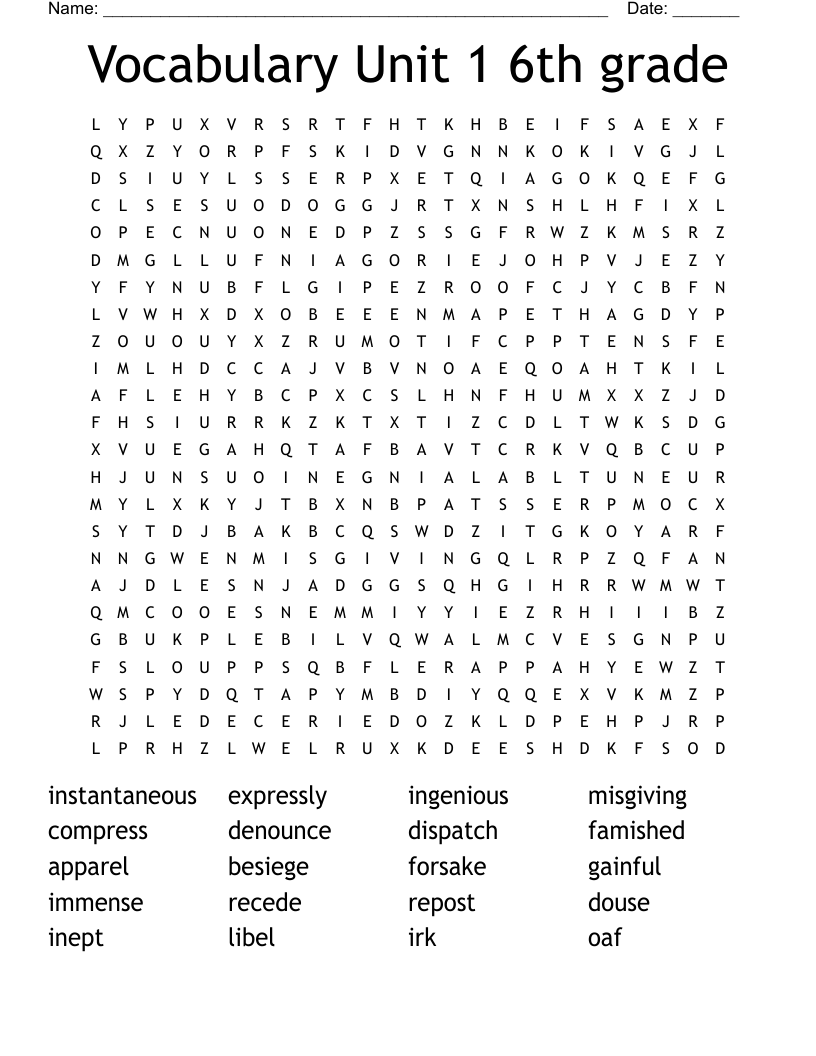 Vocabulary Unit 1 6th grade Word Search