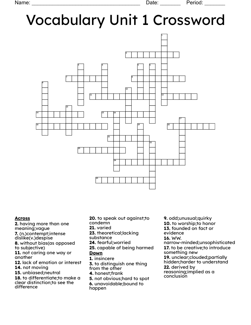 Vocabulary Unit 1 Crossword