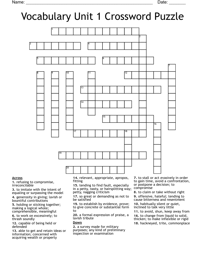 Vocabulary Unit 1 Crossword Puzzle