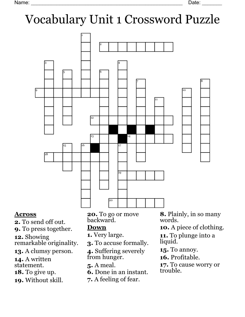 Vocabulary Unit 1 Crossword Puzzle