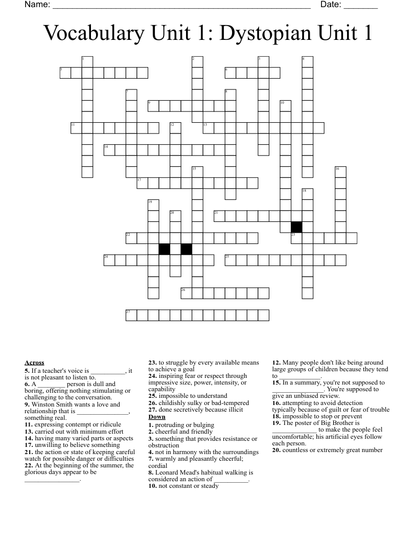 Vocabulary Unit 1: Dystopian Unit 1 Crossword