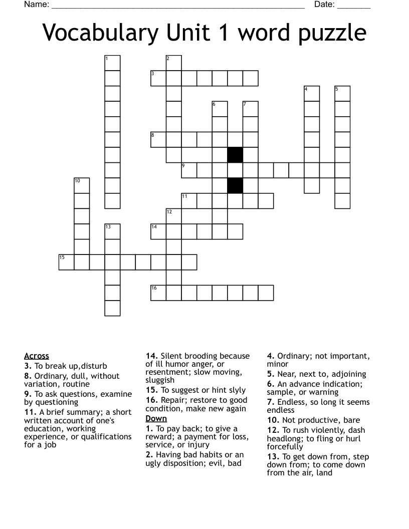Vocabulary Unit 1 word puzzle Crossword