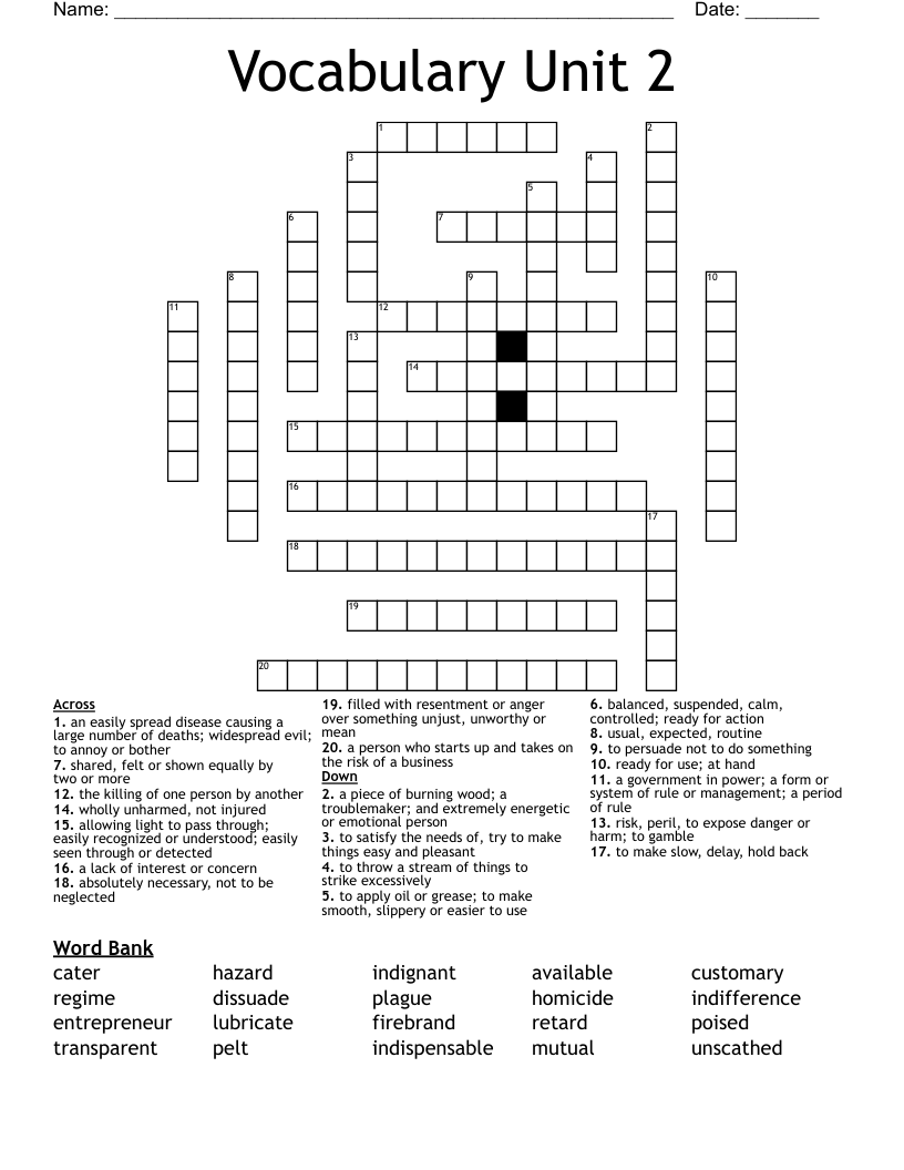 Vocabulary Unit 2 Crossword