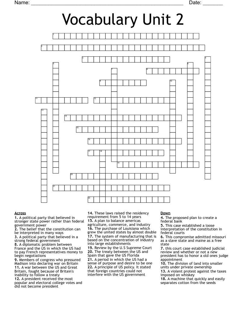 Vocabulary Unit 2 Crossword