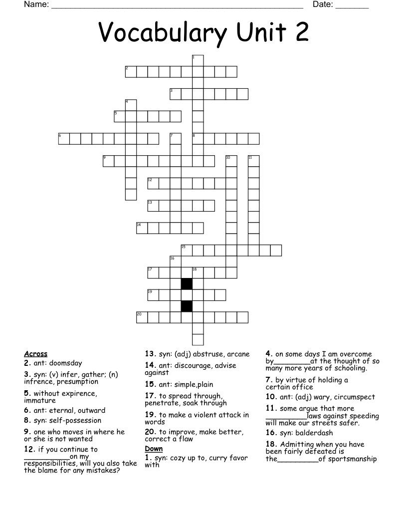 Vocabulary Unit 2 Crossword