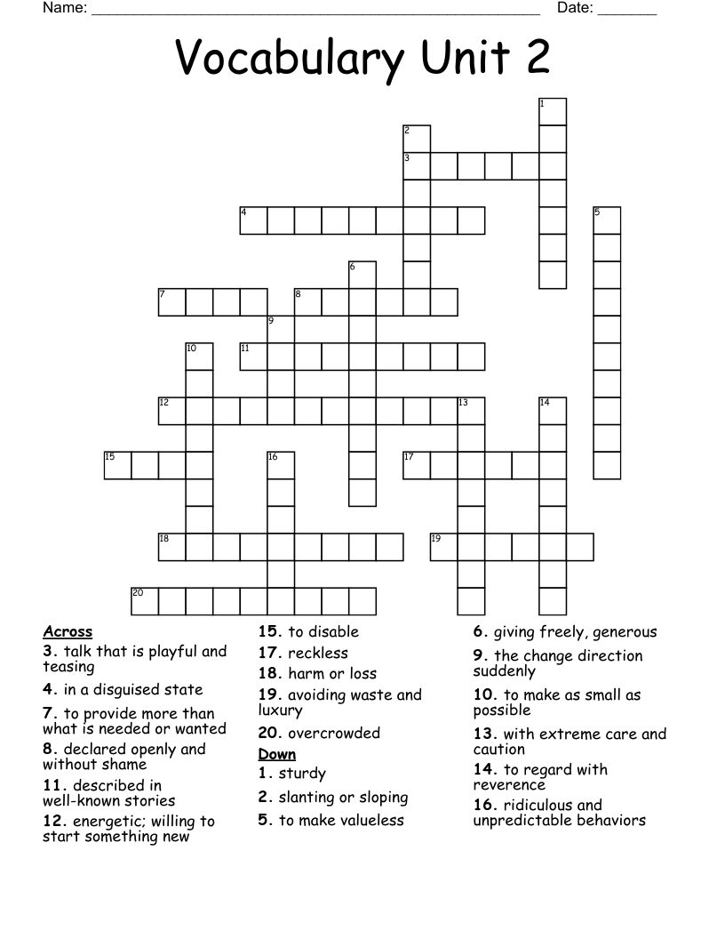 Vocabulary Unit 2 Crossword