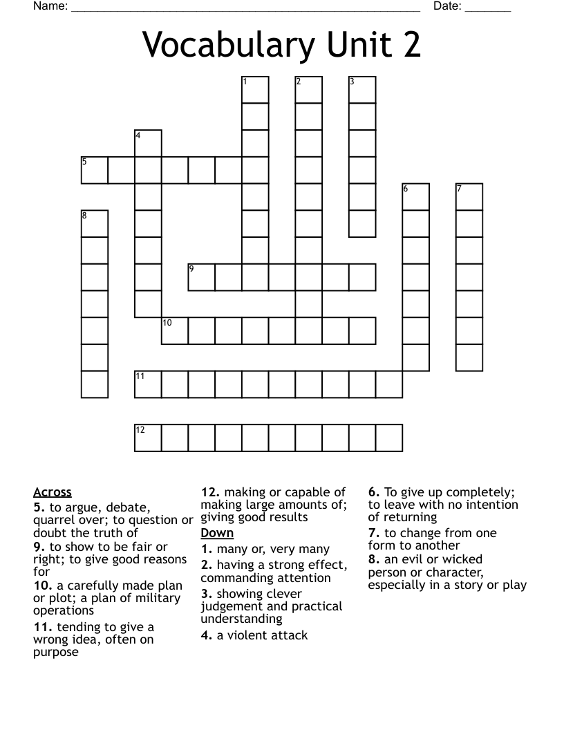 Vocabulary Unit 2 Crossword