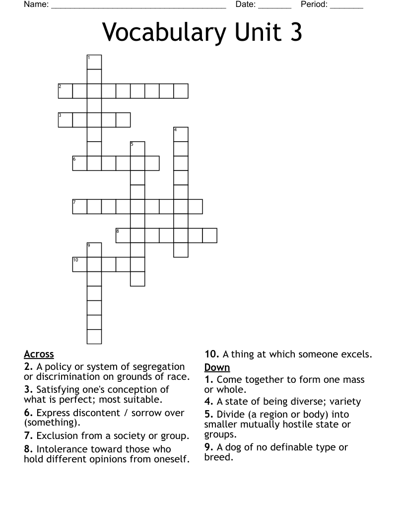 Vocabulary Unit 3 Crossword