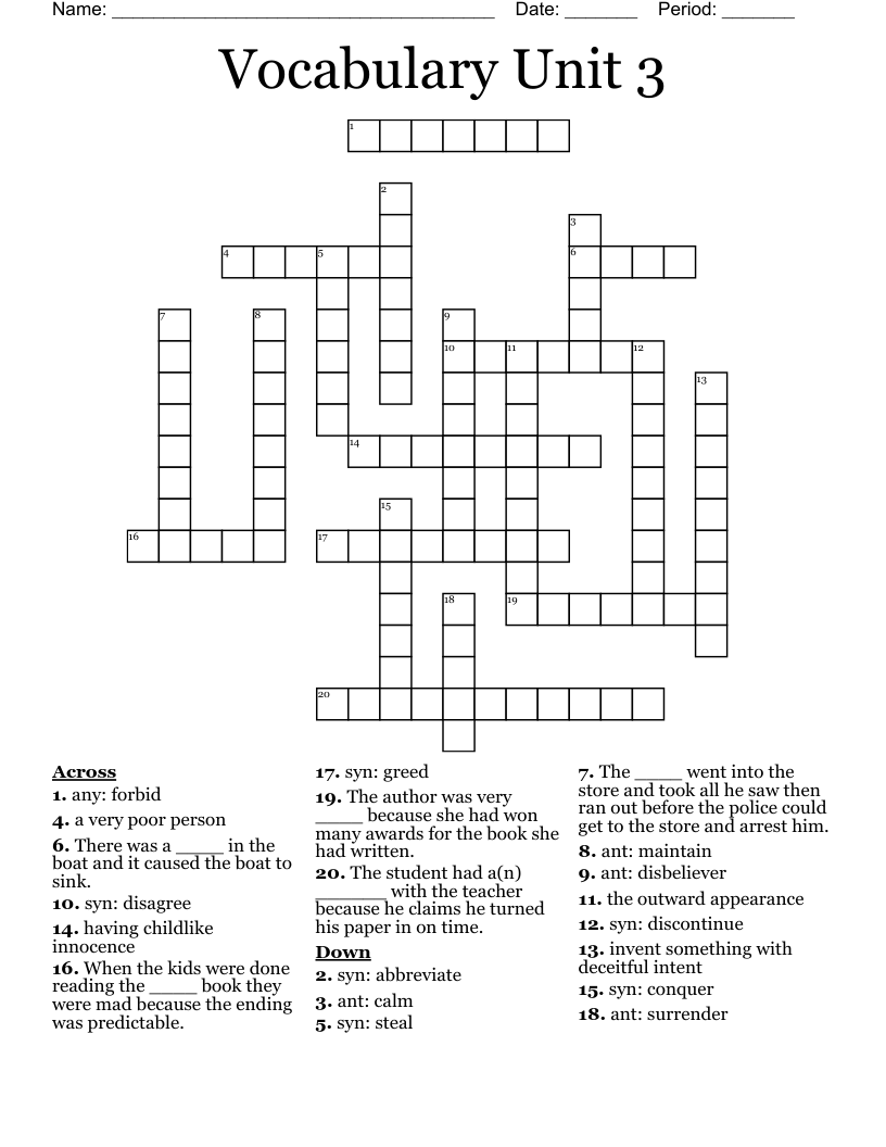 Vocabulary Unit 3 Crossword