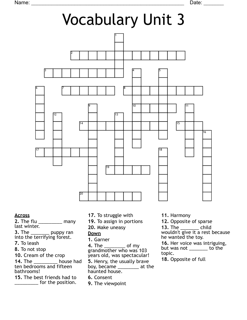 Vocabulary Unit 3 Crossword