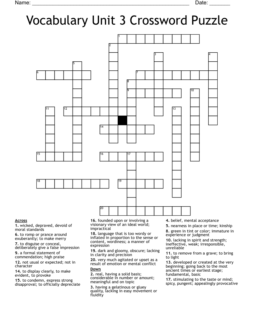 Vocabulary Unit 3 Crossword Puzzle