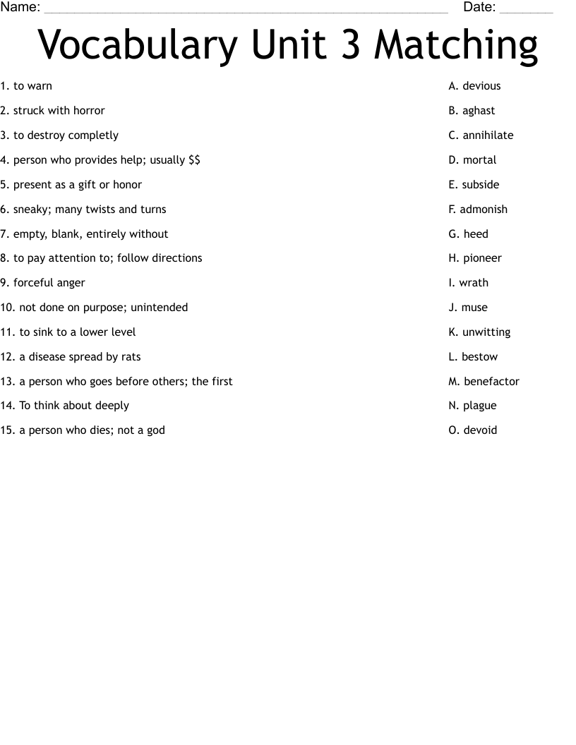 Vocabulary Unit 3 Matching Worksheet