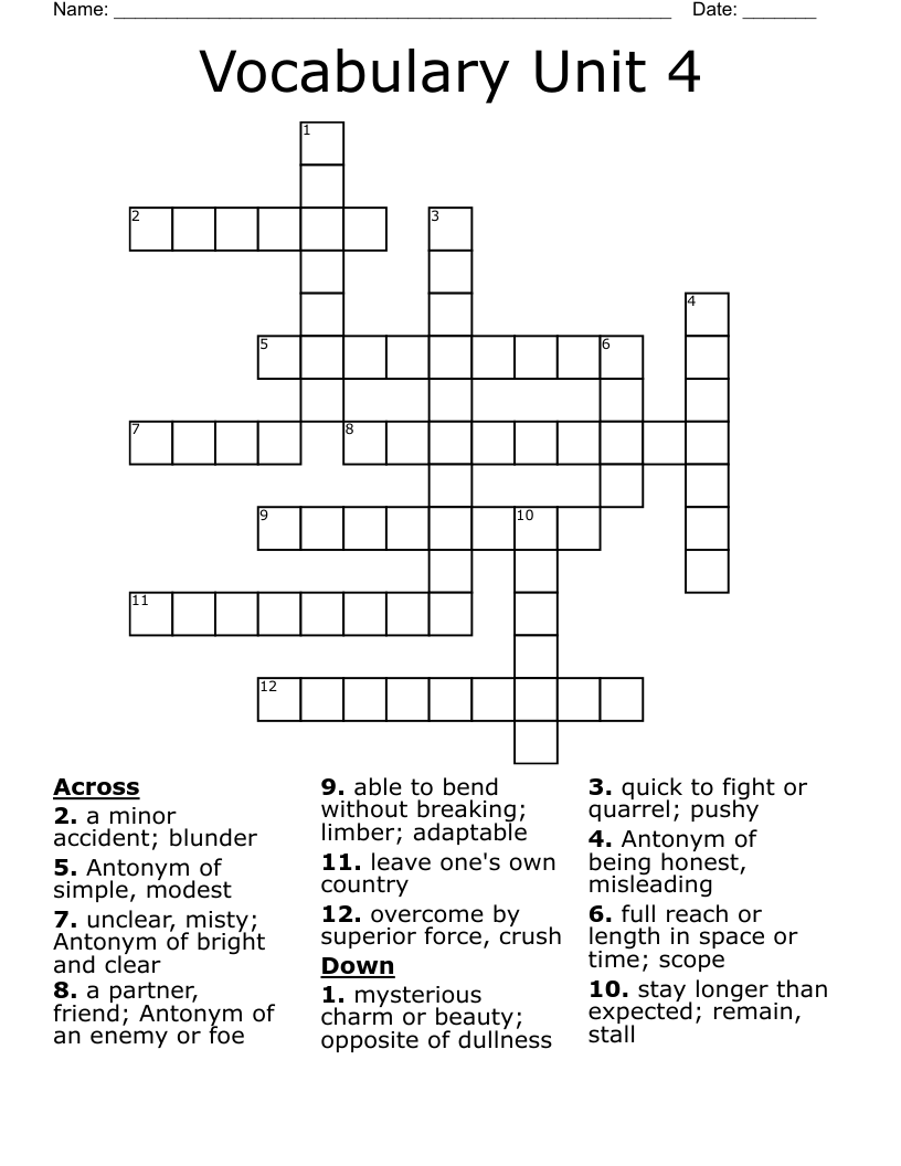 Vocabulary Unit 4 Crossword