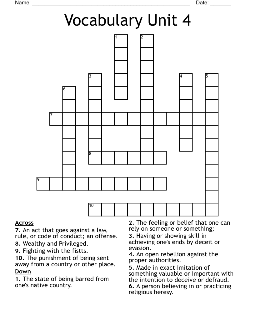 Vocabulary Unit 4 Crossword