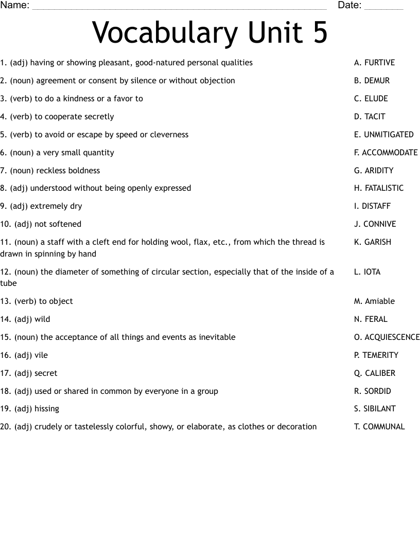 Vocabulary Unit 5 Worksheet