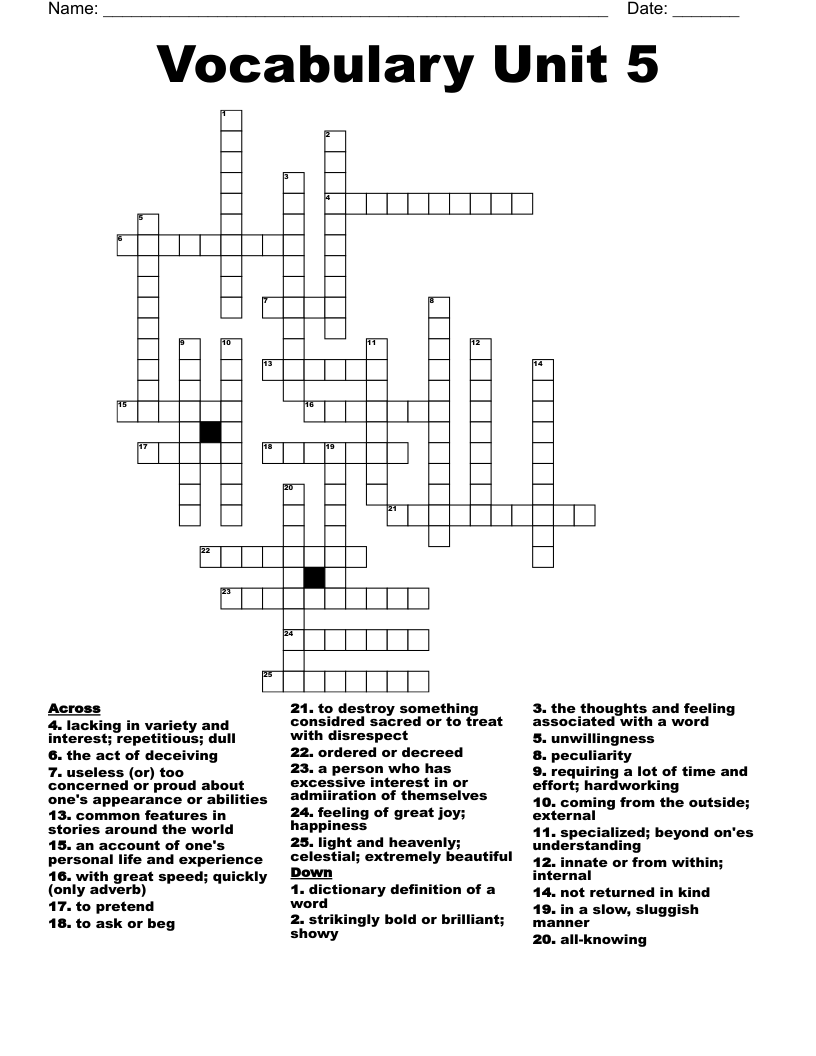 Vocabulary Unit 5 Crossword