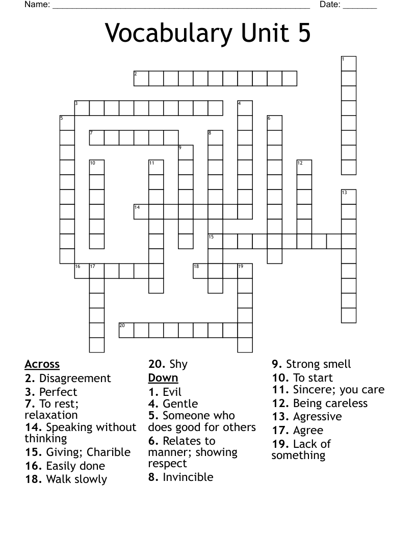 Vocabulary Unit 5 Crossword