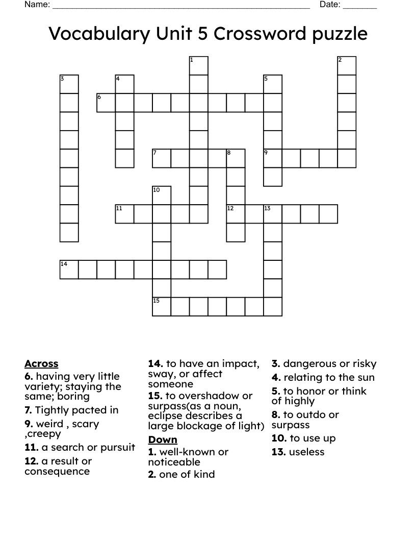 Vocabulary Unit 5 Crossword  puzzle 