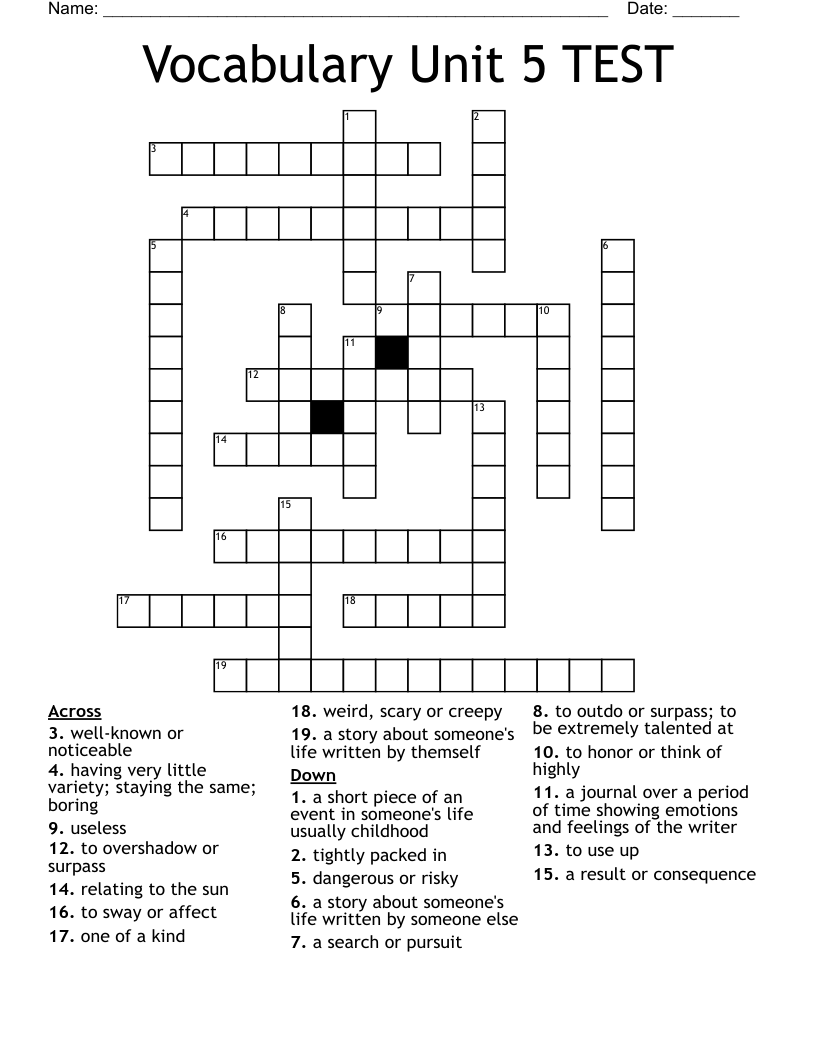 Vocabulary Unit 5 TEST Crossword