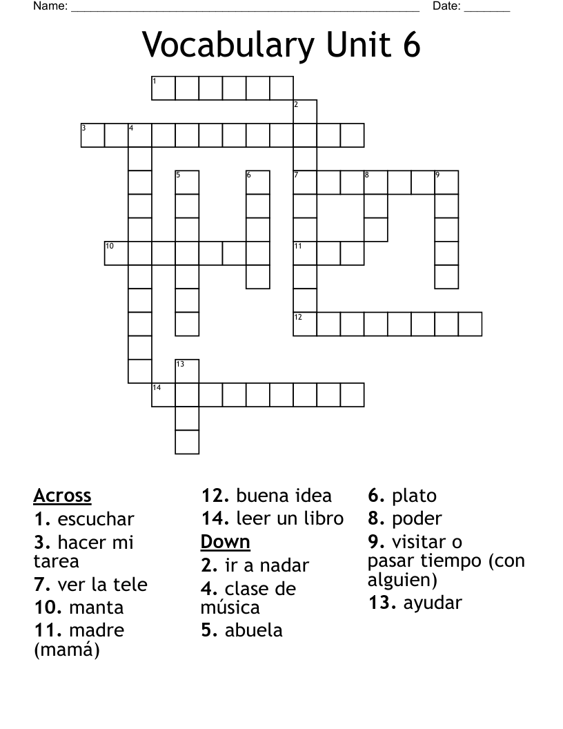 Vocabulary Unit 6 Crossword