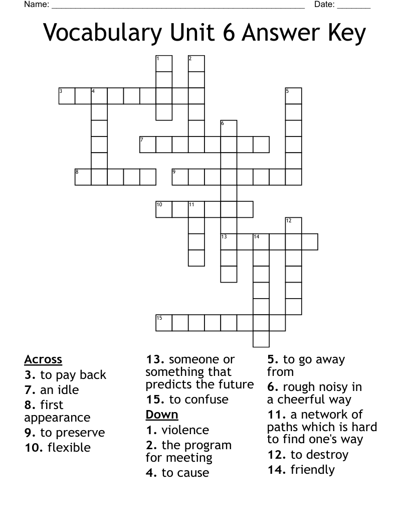 Vocabulary Unit 6 Answer Key Crossword