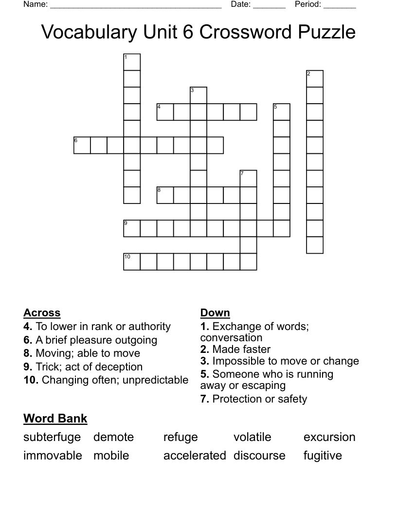 Vocabulary Unit 6 Crossword Puzzle