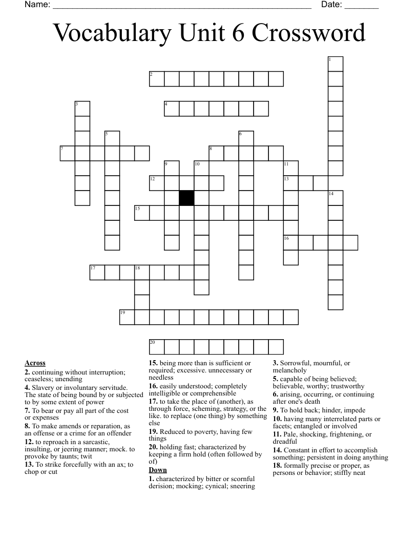 Vocabulary Unit 6 Crossword 