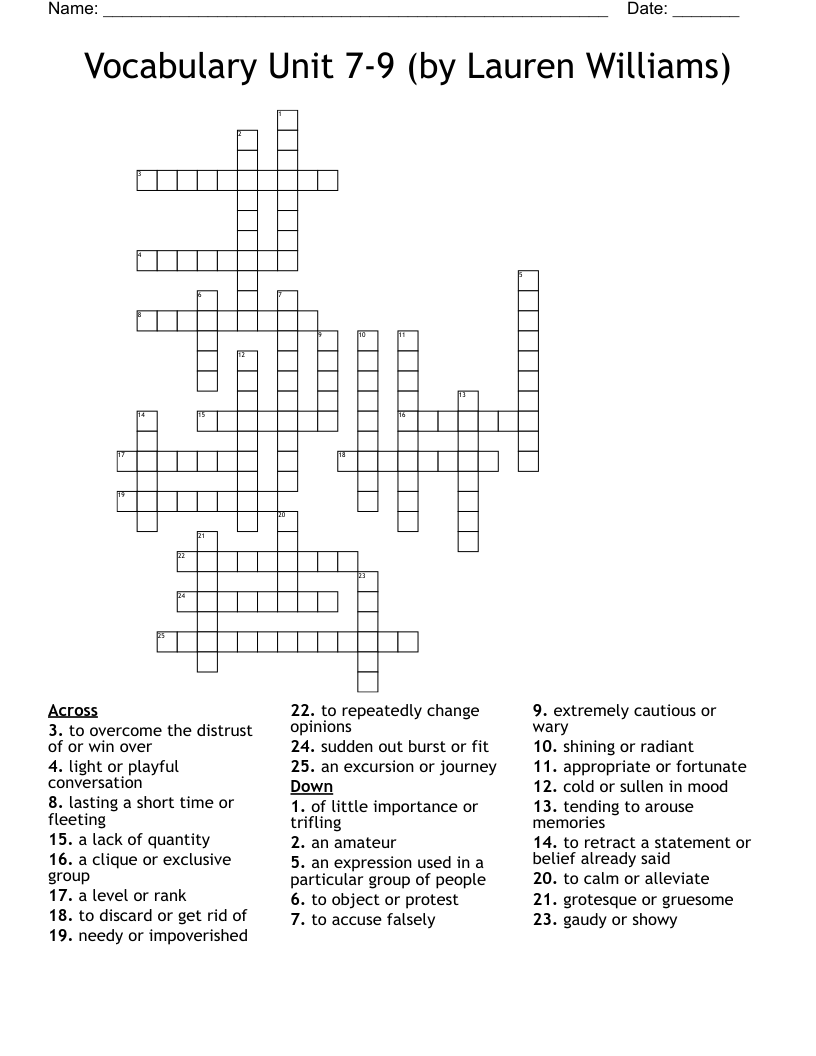 Vocabulary Unit 7-9 (by Lauren Williams) Crossword
