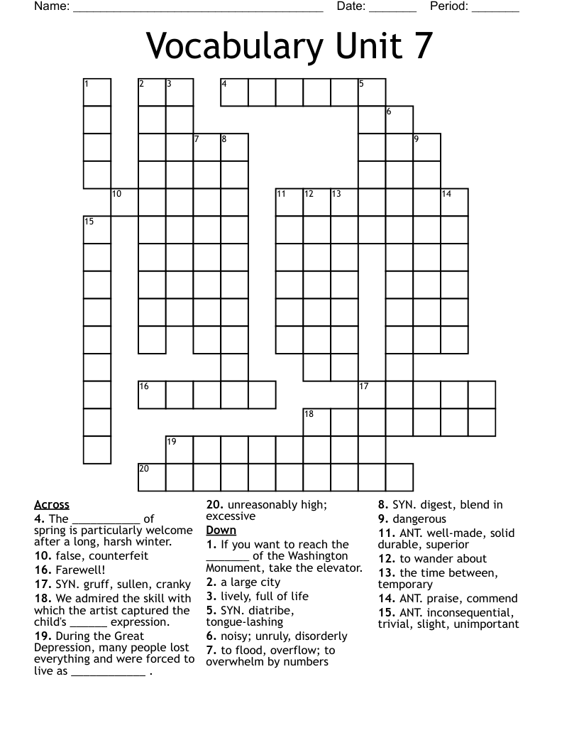 Vocabulary Unit 7 Crossword