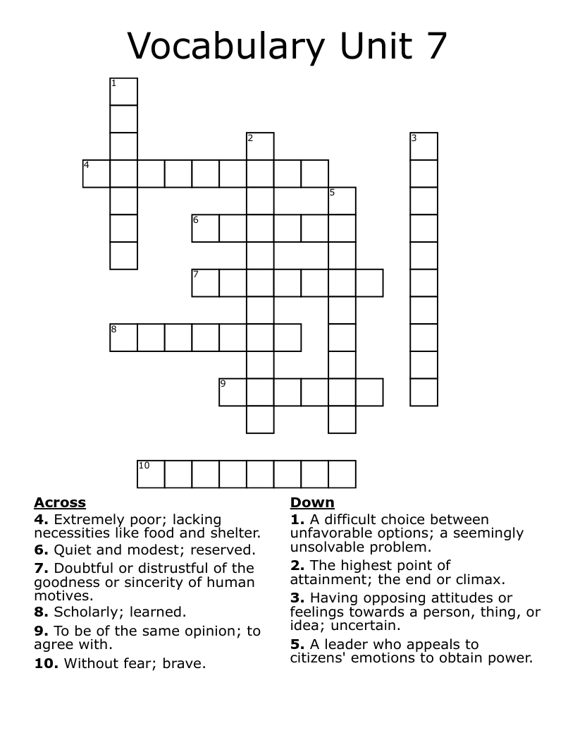 Vocabulary Unit 7 Crossword