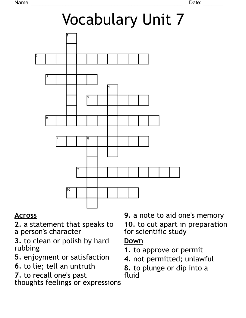 Vocabulary Unit 7 Crossword