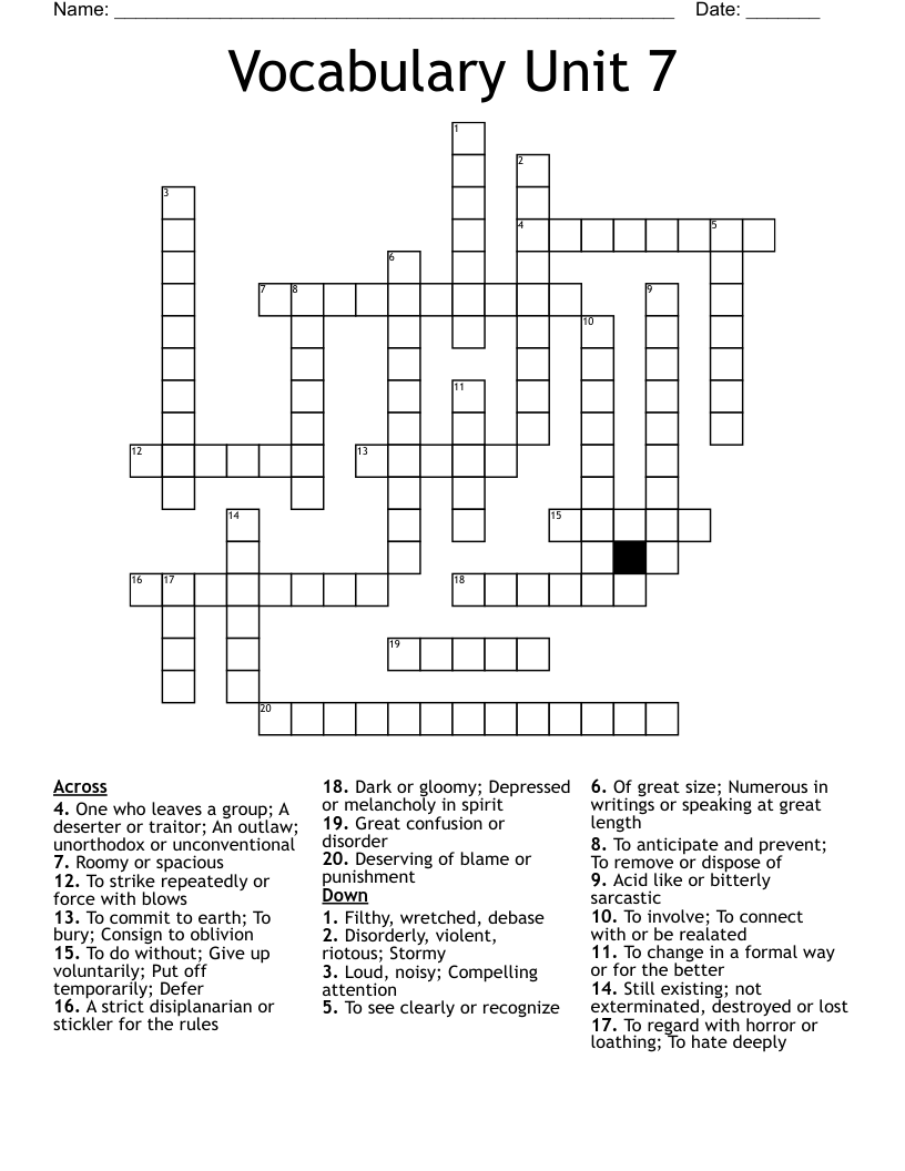 Vocabulary Unit 7  Crossword