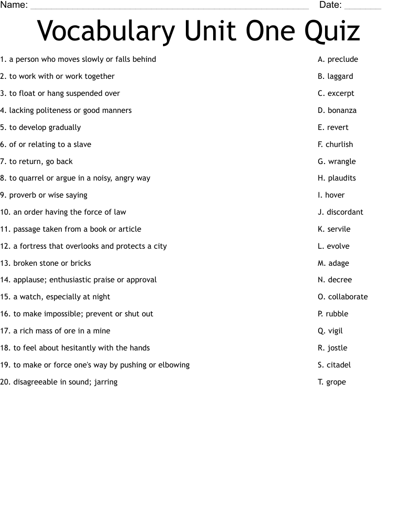 Vocabulary Unit One Quiz Worksheet