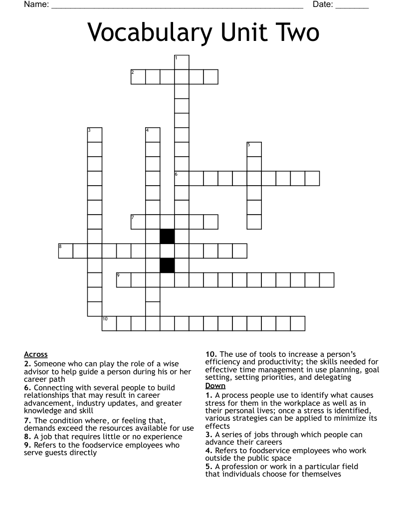 Vocabulary Unit Two Crossword