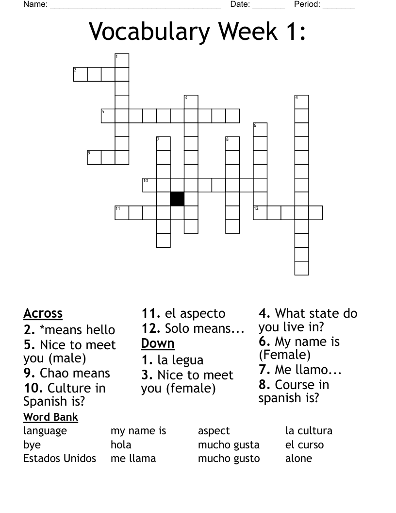 Vocabulary Week 1: Crossword