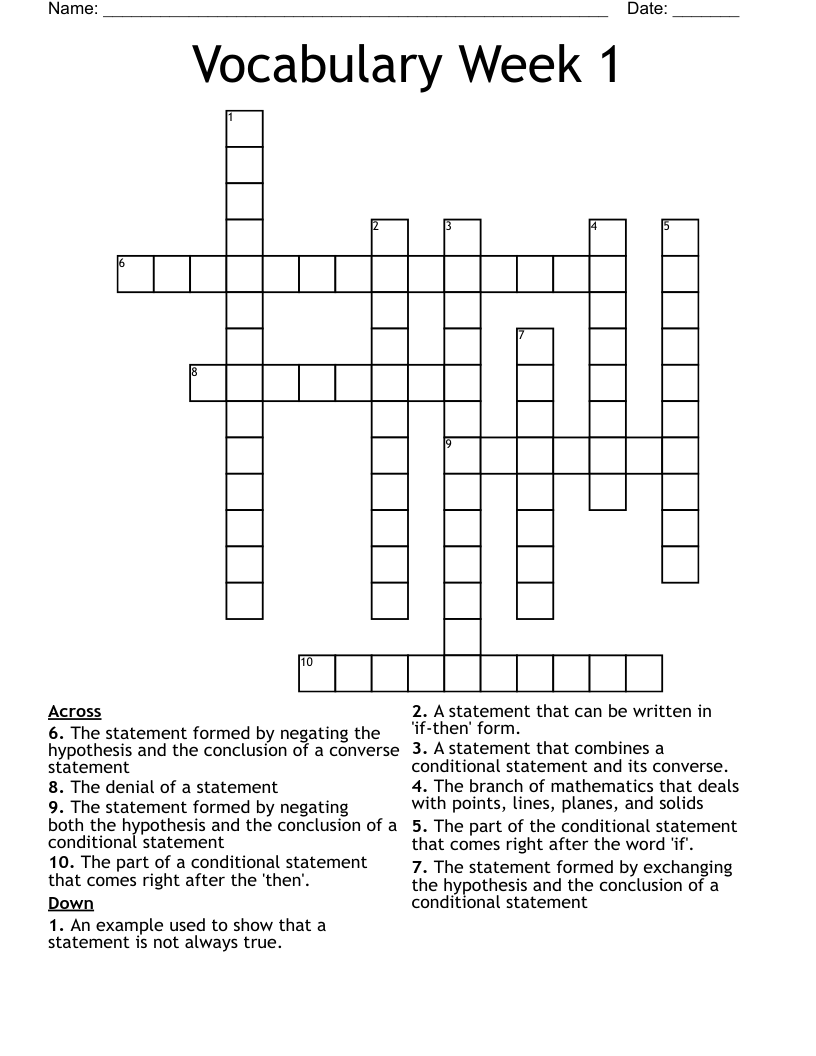 Vocabulary Week 1 Crossword