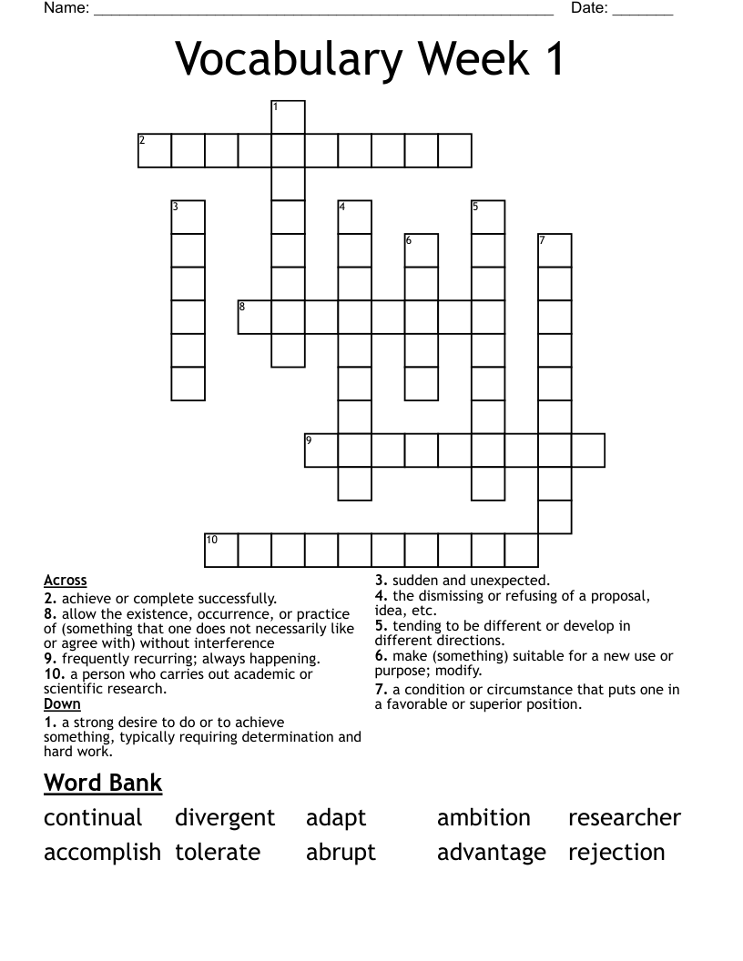 Vocabulary Week 1 Crossword