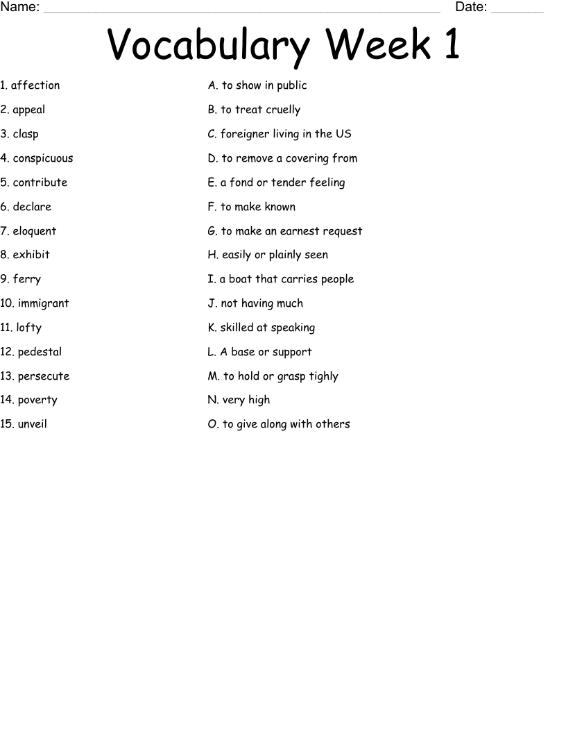 Vocabulary Week 1 Worksheet