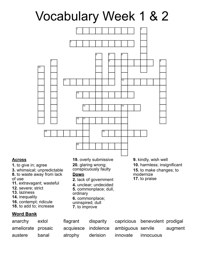 Vocabulary Week 1 & 2 Crossword
