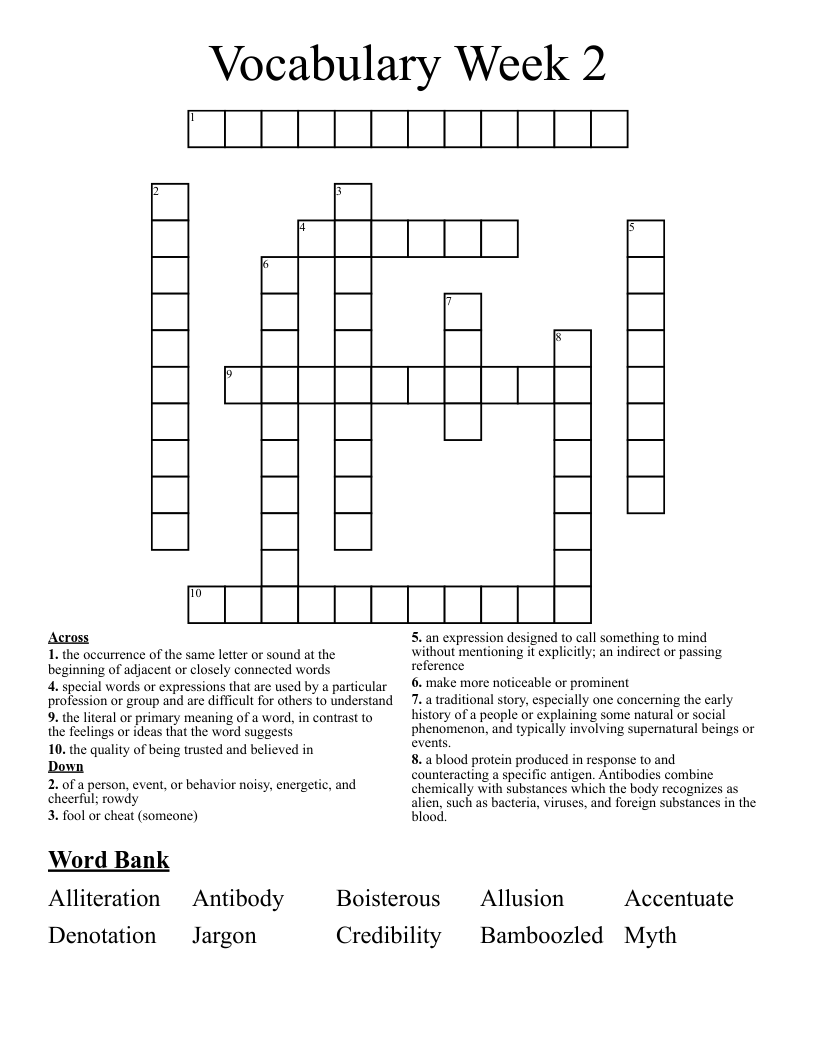 Vocabulary Week 2 Crossword