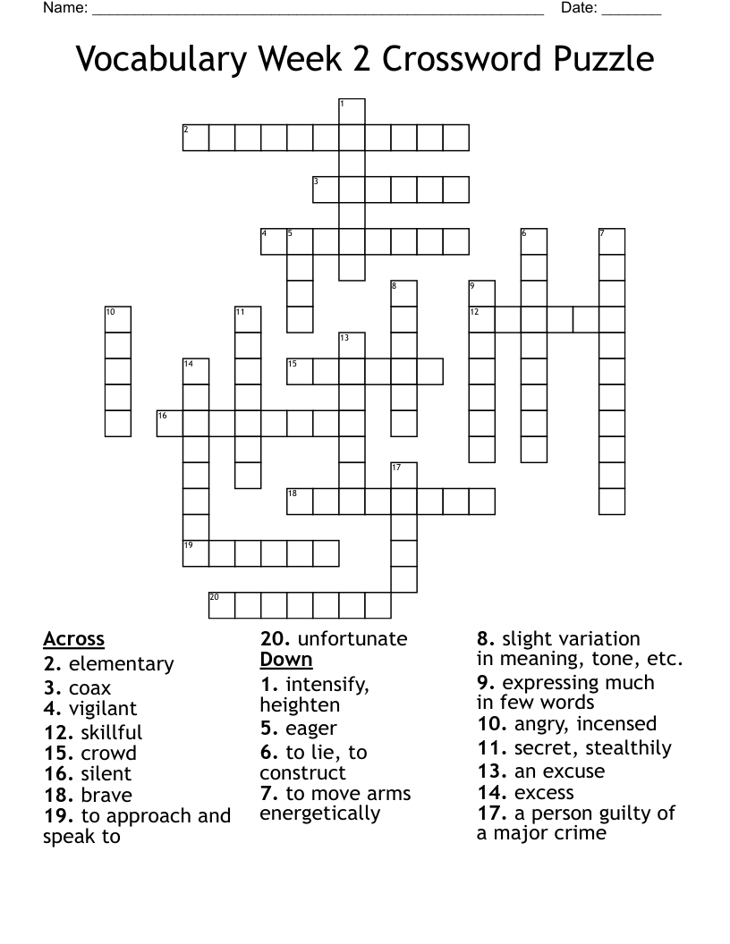 Vocabulary Week 2 Crossword Puzzle