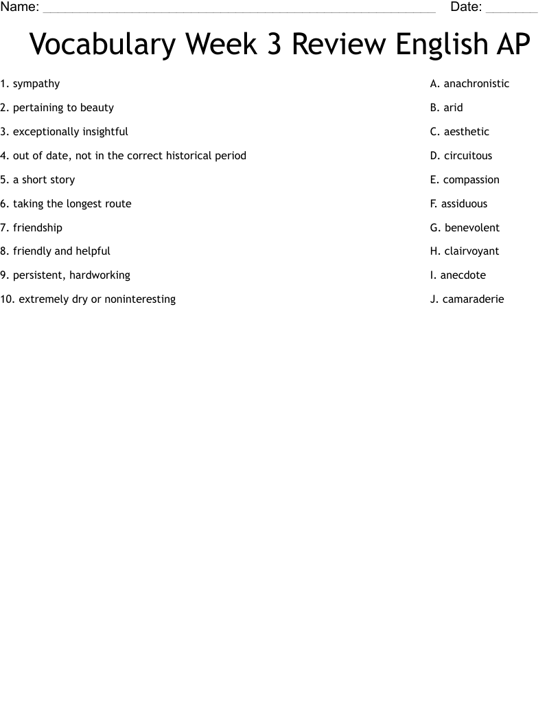 Vocabulary Week 3 Review English AP Worksheet
