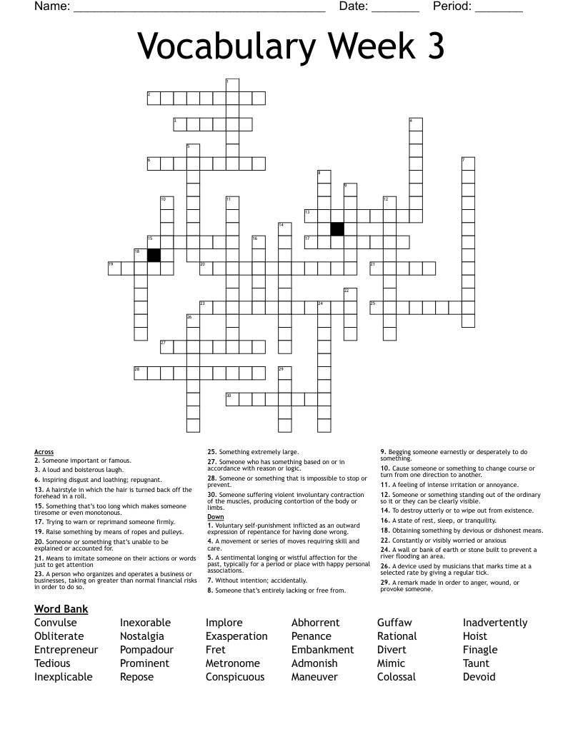 Vocabulary Week 3  Crossword