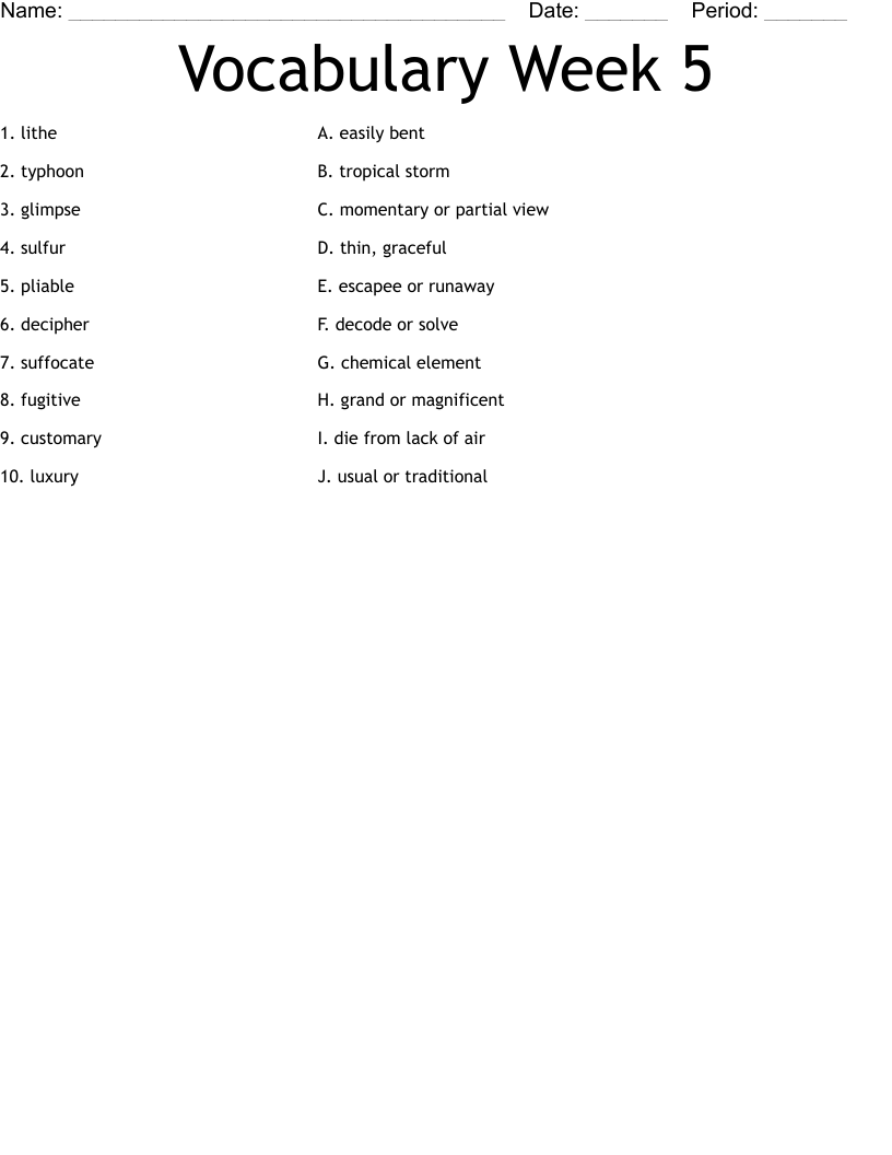 Vocabulary Week 5 Worksheet