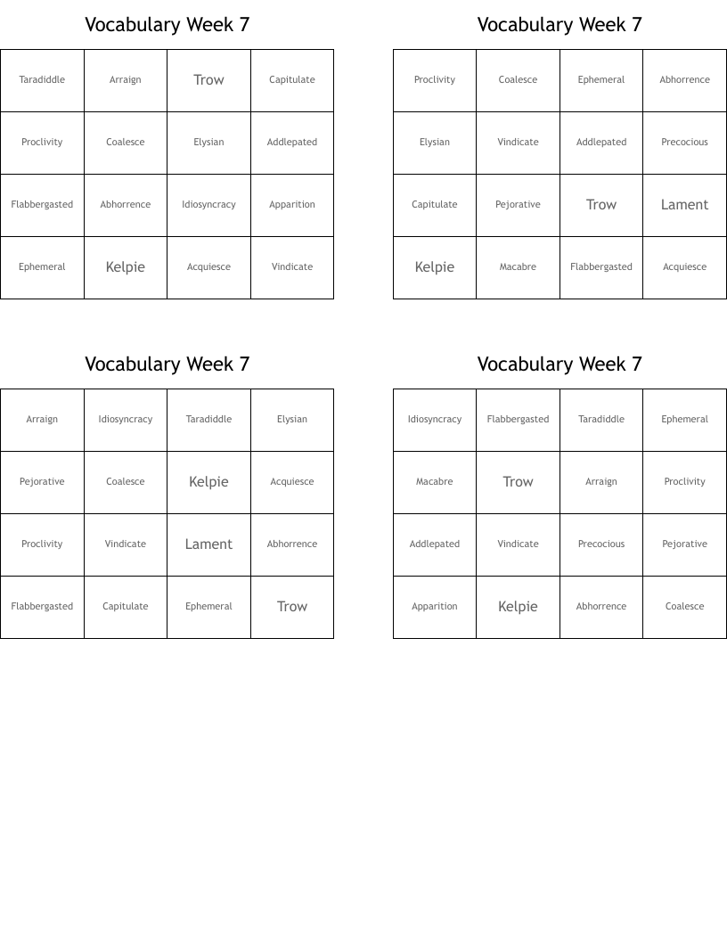Vocabulary Week 7 Bingo Cards