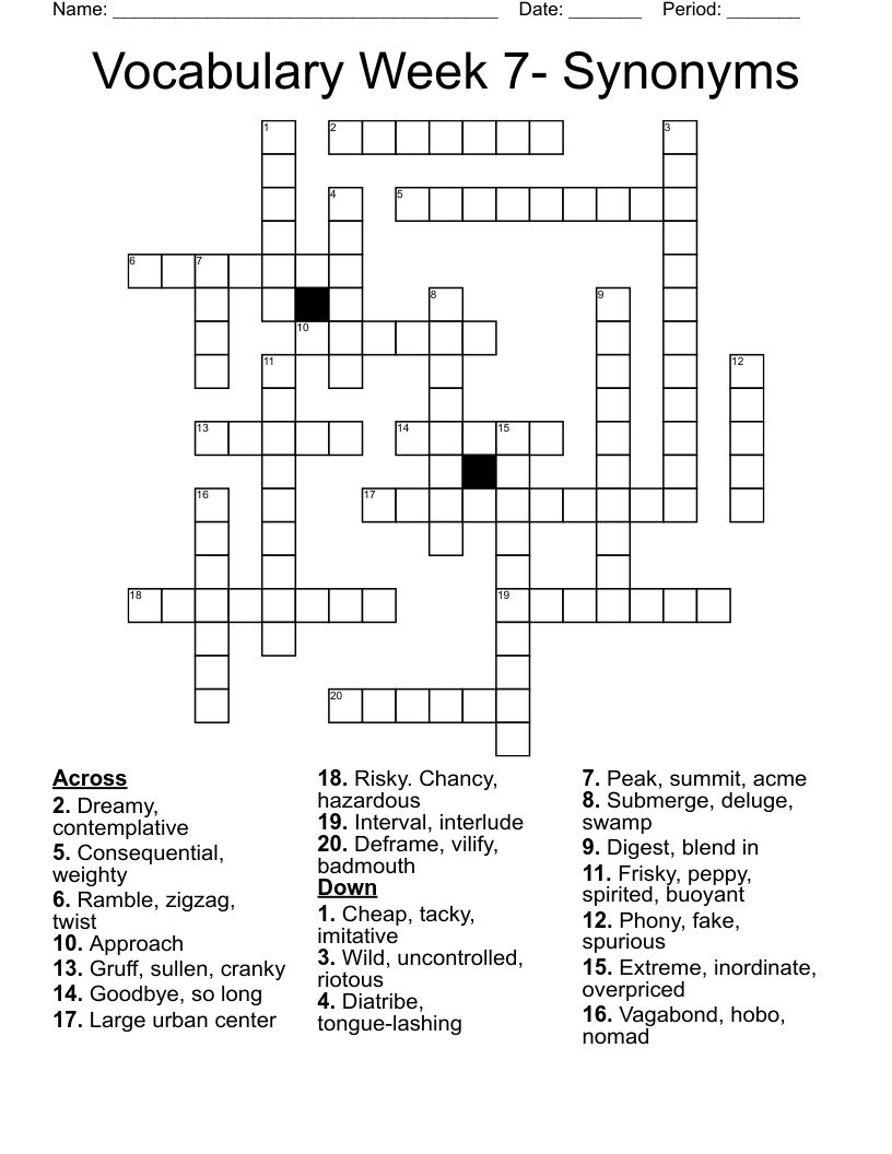 Vocabulary Week 7- Synonyms Crossword